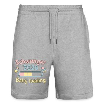 Schwanger 2026 Baby Loading Design - Stanley/Stella Unisex Bio Joggingshorts Trainer  - Grau meliert - Vorne - Nik (191cm) & Marisol (170cm)