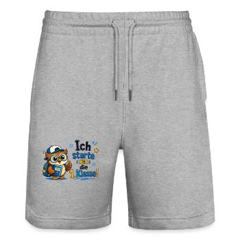 Ich starte in die 1. Klasse Eulen Design - Stanley/Stella Unisex Bio Joggingshorts Trainer  - Grau meliert - Vorne - Nik (191cm) & Marisol (170cm)