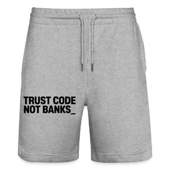 TRUST CODE NOT BANKS_ - Stanley/Stella Trainer Unisex Organic Jogging Shorts - heather grey - Front - Nik (191cm) & Marisol (170cm)