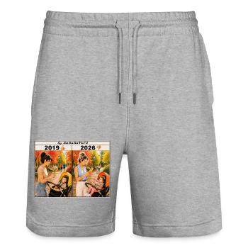 Mother with smartphone and baby - Stanley/Stella Trainer Unisex Organic Jogging Shorts - heather grey - Front - Nik (191cm) & Marisol (170cm)