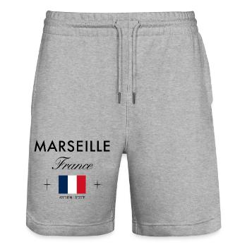 Marseille, France, Coordine le souvenir de voyage - Short de jogging bio TRAINER Stanley/Stella unisexe - gris chiné - Devant - Nik (191cm) & Marisol (170cm)