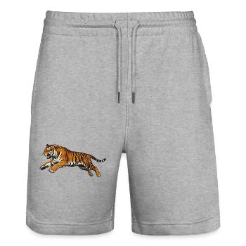 Tiger Retro Art Style - Stanley/Stella Trainer Unisex Organic Jogging Shorts - heather grey - Front - Nik (191cm) & Marisol (170cm)