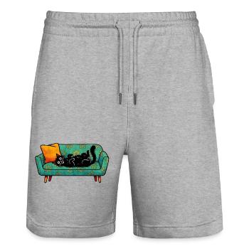 Black cat relaxing on retro sofa - Stanley/Stella Trainer Unisex Organic Jogging Shorts - heather grey - Front - Nik (191cm) & Marisol (170cm)