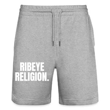RELIGION DU RIBEYE | T-shirt Carnivore | Steak Lover - Short de jogging bio TRAINER Stanley/Stella unisexe - gris chiné - Devant - Nik (191cm) & Marisol (170cm)