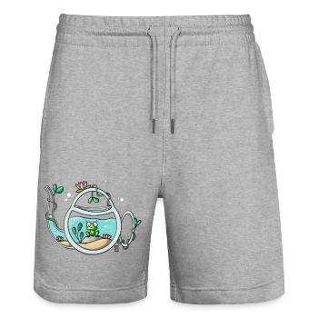 Grenouille de jardin en théière - Short de jogging bio TRAINER Stanley/Stella unisexe - gris chiné - Devant - Nik (191cm) & Marisol (170cm)