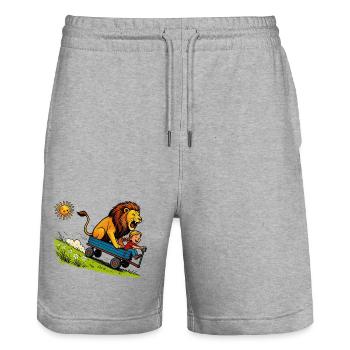 Promenade en lion sauvage dans une charrette bleue - Short de jogging bio TRAINER Stanley/Stella unisexe - gris chiné - Devant - Nik (191cm) & Marisol (170cm)