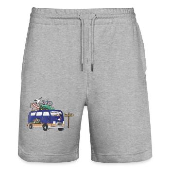 Vacances de camping en Vanlife avec motif de campeur en France - Short de jogging bio TRAINER Stanley/Stella unisexe - gris chiné - Devant - Nik (191cm) & Marisol (170cm)
