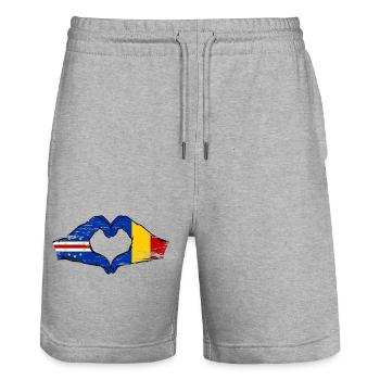 Cape Verde Romania flag hands heart shape used - Stanley/Stella Trainer Unisex Organic Jogging Shorts - heather grey - Front - Nik (191cm) & Marisol (170cm)