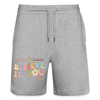 Believe In You Retro Florals - Stanley/Stella Trainer Unisex Organic Jogging Shorts - heather grey - Front - Nik (191cm) & Marisol (170cm)
