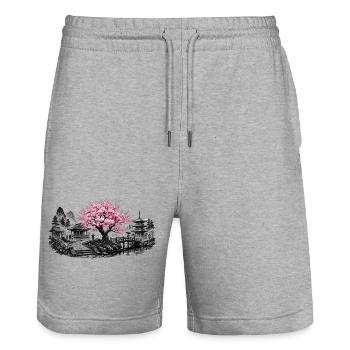 Japanese Cherry Blossom Temple Garden - Stanley/Stella Trainer Unisex Organic Jogging Shorts - heather grey - Front - Nik (191cm) & Marisol (170cm)