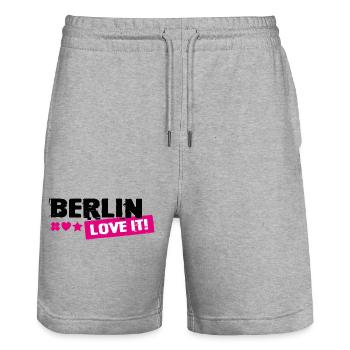 Berlin Love It Pink Stamp - Stanley/Stella Trainer Unisex Organic Jogging Shorts - heather grey - Front - Nik (191cm) & Marisol (170cm)