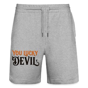 Du Glücklicher Teufel – Lustiges Teufels-Halloween-T-Shirt - Stanley/Stella Unisex Bio Joggingshorts Trainer  - Grau meliert - Vorne - Nik (191cm) & Marisol (170cm)