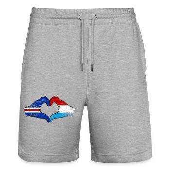 Cape Verde Luxembourg flag hands heart shape used - Stanley/Stella Trainer Unisex Organic Jogging Shorts - heather grey - Front - Nik (191cm) & Marisol (170cm)