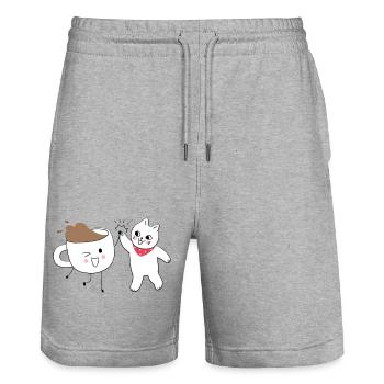 Süße Katze und Kaffeetasse High Five - Stanley/Stella Unisex Bio Joggingshorts Trainer  - Grau meliert - Vorne - Nik (191cm) & Marisol (170cm)