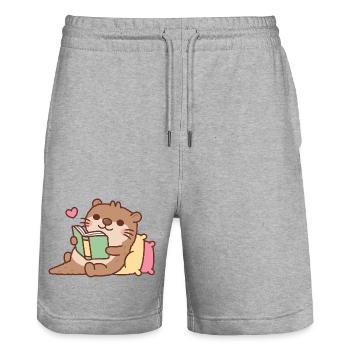 Niedlicher Otter entspannt mit dem Buch - Stanley/Stella Unisex Bio Joggingshorts Trainer  - Grau meliert - Vorne - Nik (191cm) & Marisol (170cm)