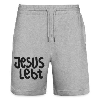 Jesus Left Typografie - Stanley/Stella Unisex Bio Joggingshorts Trainer  - Grau meliert - Vorne - Nik (191cm) & Marisol (170cm)