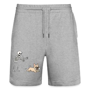 Halloween, Französische Bulldogge, Skelett - Stanley/Stella Unisex Bio Joggingshorts Trainer  - Grau meliert - Vorne - Nik (191cm) & Marisol (170cm)