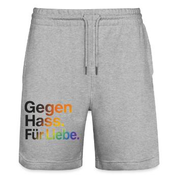Against Hate For Love for Women & Men CSD - Stanley/Stella Trainer Unisex Organic Jogging Shorts - heather grey - Front - Nik (191cm) & Marisol (170cm)