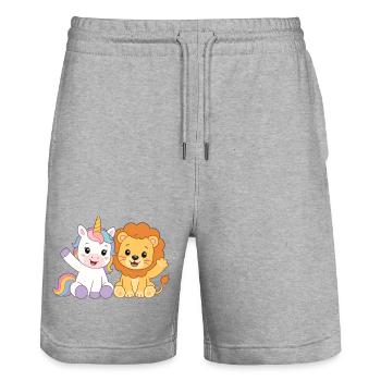 Einhorn und Löwe – Süße Kindergarten Freunde  - Stanley/Stella Unisex Bio Joggingshorts Trainer  - Grau meliert - Vorne - Nik (191cm) & Marisol (170cm)