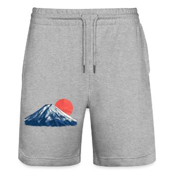 Blaues Bergpanorama mit roter Sonne Fuji Origami - Stanley/Stella Unisex Bio Joggingshorts Trainer  - Grau meliert - Vorne - Nik (191cm) & Marisol (170cm)