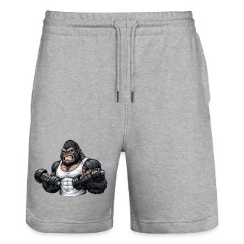 Muskulöser Gorilla beim Bodybuilding - Stanley/Stella Unisex Bio Joggingshorts Trainer  - Grau meliert - Vorne - Nik (191cm) & Marisol (170cm)