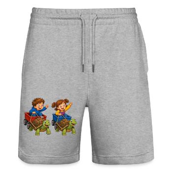 Kinder Schildkrötenrennen im Bollerwagen Spaß - Stanley/Stella Unisex Bio Joggingshorts Trainer  - Grau meliert - Vorne - Nik (191cm) & Marisol (170cm)