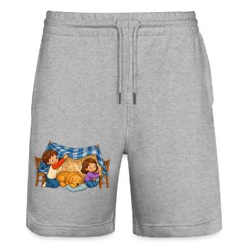 Kinder Deckenhöhle mit Hund Kuscheliges Motiv - Stanley/Stella Unisex Bio Joggingshorts Trainer  - Grau meliert - Vorne - Nik (191cm) & Marisol (170cm)