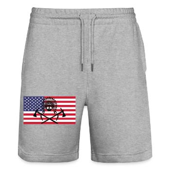 Indianerschädel und amerikanische Flagge - Stanley/Stella Unisex Bio Joggingshorts Trainer  - Grau meliert - Vorne - Nik (191cm) & Marisol (170cm)