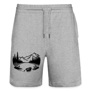 Minimalistischer Bergsee mit Ruderboot - Stanley/Stella Unisex Bio Joggingshorts Trainer  - Grau meliert - Vorne - Nik (191cm) & Marisol (170cm)