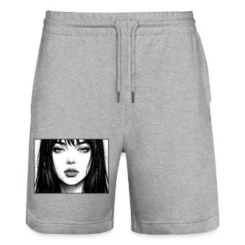 Monochrome portrait with long hair - Stanley/Stella Trainer Unisex Organic Jogging Shorts - heather grey - Front - Nik (191cm) & Marisol (170cm)