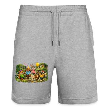 Cheerful animal friends party procession - Stanley/Stella Trainer Unisex Organic Jogging Shorts - heather grey - Front - Nik (191cm) & Marisol (170cm)
