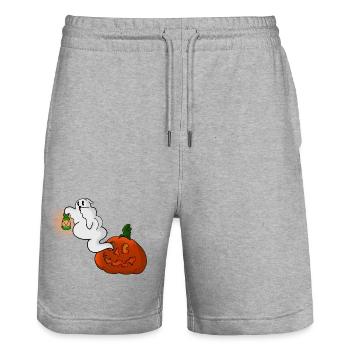Ghost with lantern over pumpkin - Stanley/Stella Trainer Unisex Organic Jogging Shorts - heather grey - Front - Nik (191cm) & Marisol (170cm)