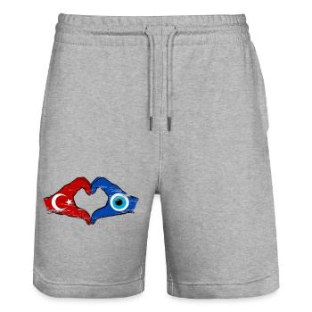 Nazar de Dinde Flagge_Hände forme de cœur utilisée - Short de jogging bio TRAINER Stanley/Stella unisexe - gris chiné - Devant - Nik (191cm) & Marisol (170cm)