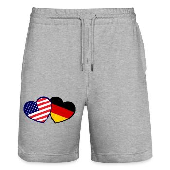 Double Nations Heart USA-Germany - Stanley/Stella Trainer Unisex Organic Jogging Shorts - heather grey - Front - Nik (191cm) & Marisol (170cm)