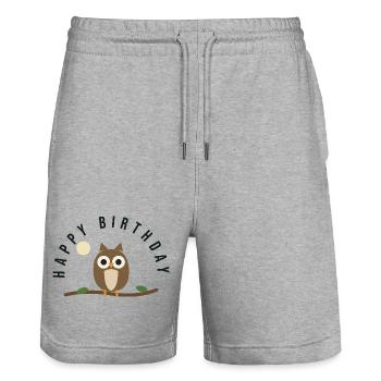 OWL. NICE. HAPPY BIRTHDAY - Stanley/Stella Trainer Unisex Organic Jogging Shorts - heather grey - Front - Nik (191cm) & Marisol (170cm)