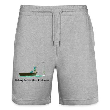 Fishing Solves Most Problems – Angler - Stanley/Stella Trainer Unisex Organic Jogging Shorts - heather grey - Front - Nik (191cm) & Marisol (170cm)