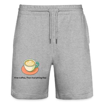 First Coffee Then Everything Else – Kaffee - Stanley/Stella Trainer Unisex Organic Jogging Shorts - heather grey - Front - Nik (191cm) & Marisol (170cm)