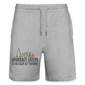 Unkraut jäten ist billiger als Therapie - Stanley/Stella Unisex Bio Joggingshorts Trainer  - Grau meliert - Vorne - Nik (191cm) & Marisol (170cm)