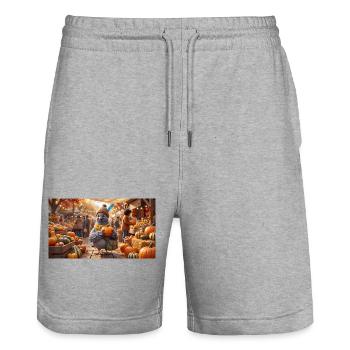 Cute Pigeon with Pumpkin at Autumn Market - Stanley/Stella Trainer Unisex Organic Jogging Shorts - heather grey - Front - Nik (191cm) & Marisol (170cm)