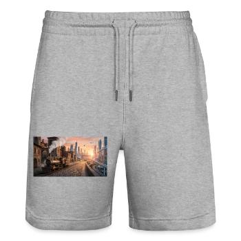 Time Travel: Retro Steam Train and Futuristic City - Stanley/Stella Unisex Bio Joggingshorts Trainer  - Grau meliert - Vorne - Nik (191cm) & Marisol (170cm)