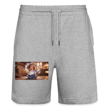 Magic of Reading: Girl with Flying Books in a Cozy - Stanley/Stella Trainer Unisex Organic Jogging Shorts - heather grey - Front - Nik (191cm) & Marisol (170cm)
