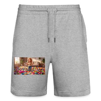 Girl Standing Barefoot in a Room Full of Slippers - Stanley/Stella Trainer Unisex Organic Jogging Shorts - heather grey - Front - Nik (191cm) & Marisol (170cm)