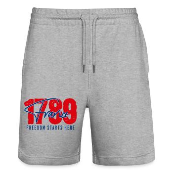 1789 France / Frankreich La liberté commence ici - Short de jogging bio TRAINER Stanley/Stella unisexe - gris chiné - Devant - Nik (191cm) & Marisol (170cm)