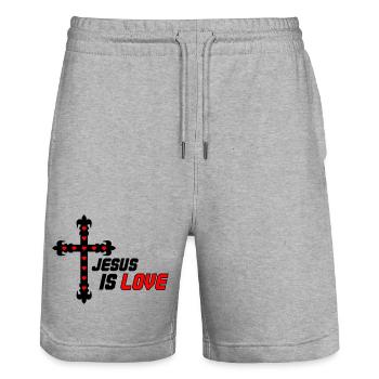 Jésus, c’est l’Amour - Short de jogging bio TRAINER Stanley/Stella unisexe - gris chiné - Devant - Nik (191cm) & Marisol (170cm)