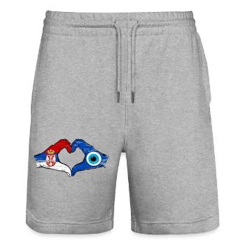 Mains du drapeau du Nazar serbe en forme de cœur utilisées - Short de jogging bio TRAINER Stanley/Stella unisexe - gris chiné - Devant - Nik (191cm) & Marisol (170cm)