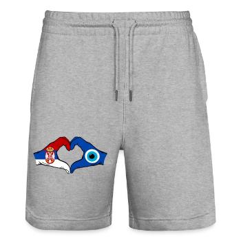 Drapeau du Nazar de Serbie Mains en forme de cœur - Short de jogging bio TRAINER Stanley/Stella unisexe - gris chiné - Devant - Nik (191cm) & Marisol (170cm)