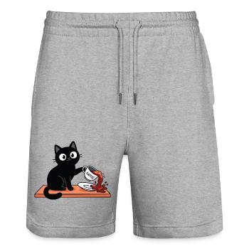 Freche Katze schüttet Kaffee um - lustig - Stanley/Stella Unisex Bio Joggingshorts Trainer  - Grau meliert - Vorne - Nik (191cm) & Marisol (170cm)