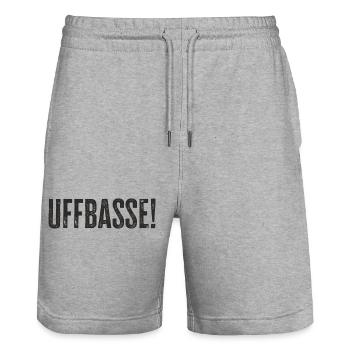 Uffbasse - Aufpassen Dialekt badisch deutsch - Stanley/Stella Unisex Bio Joggingshorts Trainer  - Grau meliert - Vorne - Nik (191cm) & Marisol (170cm)
