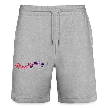 anniversary. HAPPY BIRTHDAY. Happy birthday. - Stanley/Stella Trainer Unisex Organic Jogging Shorts - heather grey - Front - Nik (191cm) & Marisol (170cm)