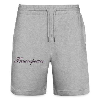 Women's Power lettering - Stanley/Stella Trainer Unisex Organic Jogging Shorts - heather grey - Front - Nik (191cm) & Marisol (170cm)